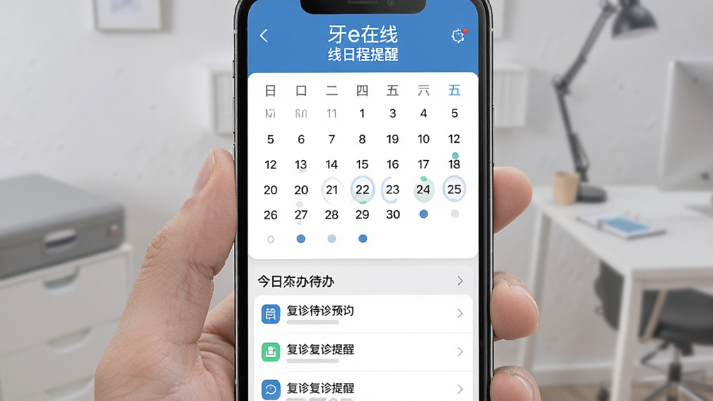 一部手机显示牙e在线日程提醒界面,画面中央是月历视图,日期下方有小圆点标记预约事项,下方列表展示今日待办与复诊提醒条目,界面风格简约商务,蓝白配色,排版清晰,画质干净,无多余元素