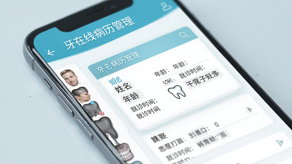 一部手机屏幕显示牙e在线病历管理界面,画面中清晰呈现患者列表和详细的电子病历卡片,卡片上有姓名、年龄、就诊时间等字段,旁边有牙齿图标点缀,整体布局整洁,风格医疗专业,浅色背景,画质清晰,干净无杂乱元素