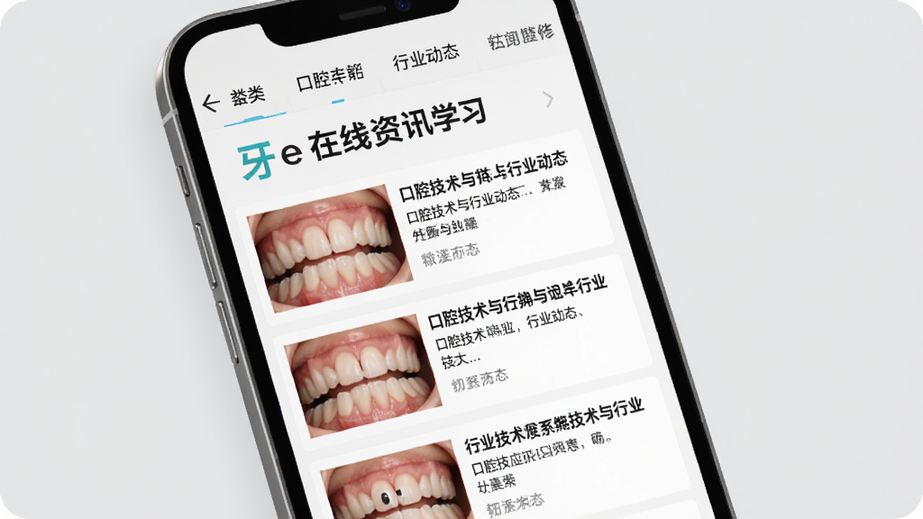 手机屏幕呈现牙e在线资讯学习页面,画面中有文章列表和缩略图,标题涉及口腔技术与行业动态,顶部有分类标签,整体排版像杂志风格,浅灰底色,字体清晰,画质干净,无多余元素