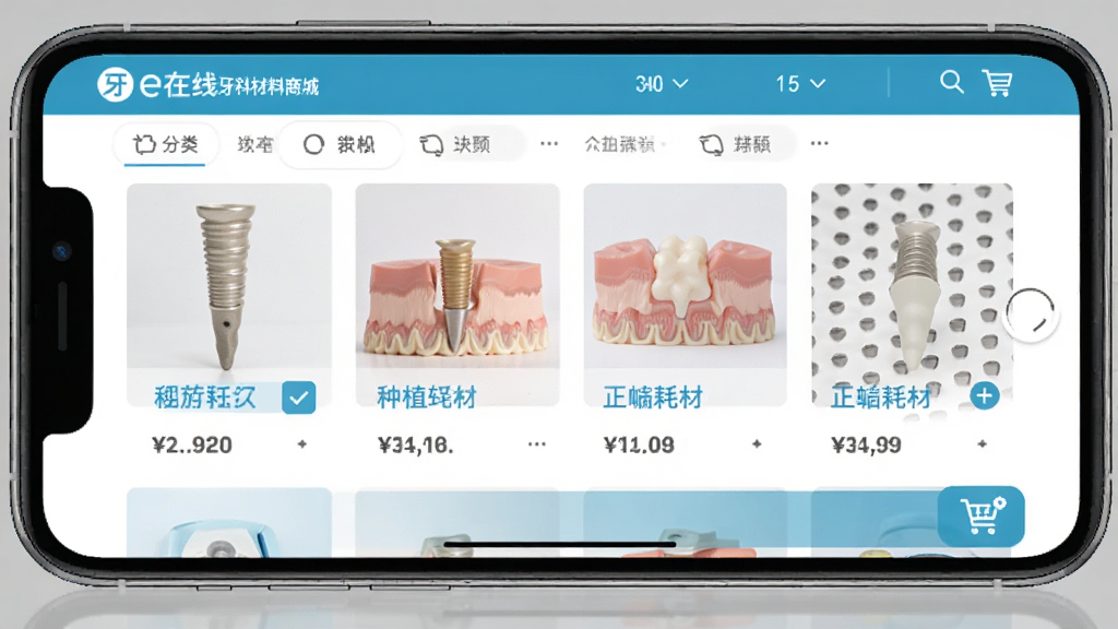 手机屏幕展示牙e在线牙科材料商城页面,画面中有商品网格列表,包含种植体和正畸耗材的缩略图与价格标签,顶部有分类筛选栏,底部有购物车图标,整体配色清爽,电商风格,细节丰富,画质干净,无多余元素