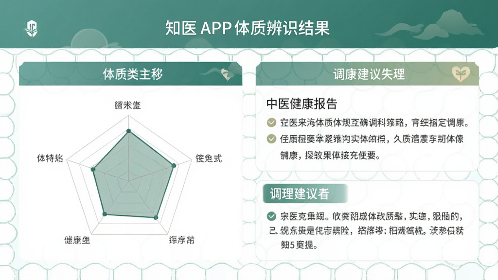 主体为知医APP体质辨识结果页面,布局为上下结构,排版清晰,风格为中医健康报告,细节包括体质类型名称、雷达图、调理建议文字,画质高清,干净,无多余元素