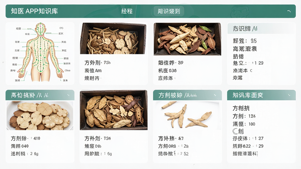 主体为知医APP知识库页面,布局为网格卡片式,排版整齐,风格为电子百科,细节包括经络图、中药图片、方剂名称,画质高清,干净,无多余元素