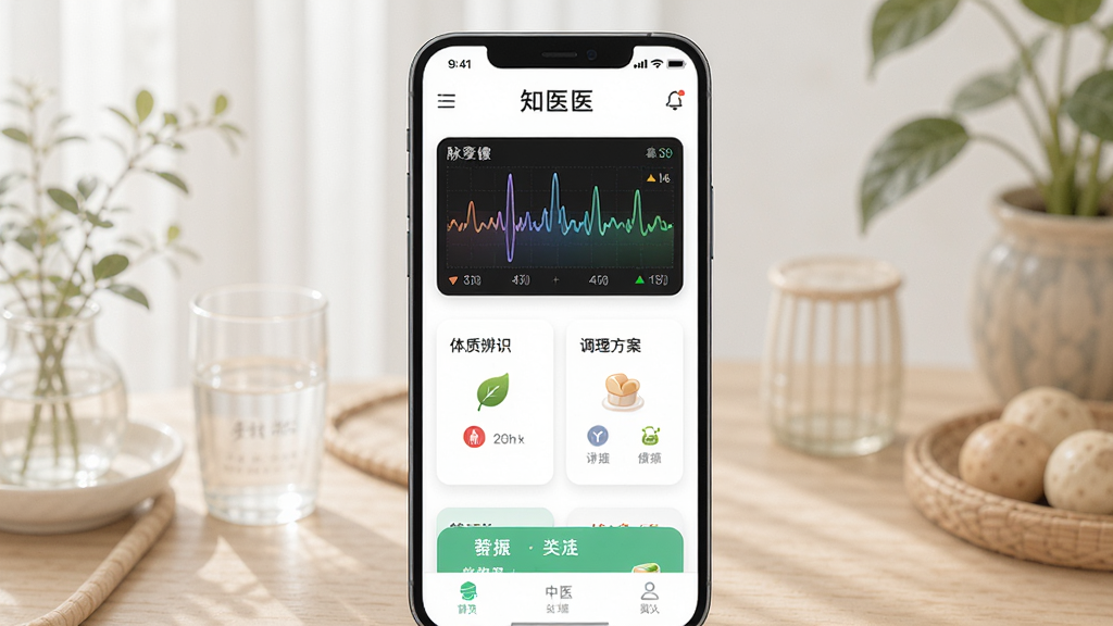 主体为一部智能手机,屏幕显示知医APP首页界面,布局居中,排版简洁,风格为现代中医健康类应用,细节包括脉象波形图、体质辨识卡片、调理方案入口,画质高清,干净,无多余元素