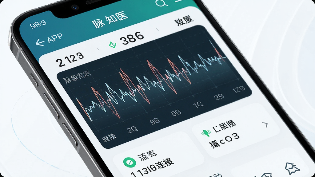 主体为知医APP脉象监测界面,布局为手机屏幕特写,排版突出波形图,风格为科技中医,细节包括脉象波形曲线、数据指标、设备连接状态,画质高清,干净,无多余元素