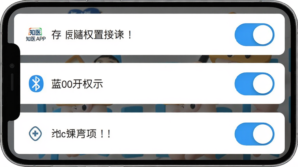 主体为知医APP安装权限设置界面,布局为手机屏幕截图风格,排版展示权限开关列表,风格为操作指引,细节包括存储权限、蓝牙权限、通知权限开关,画质高清,干净,无多余元素