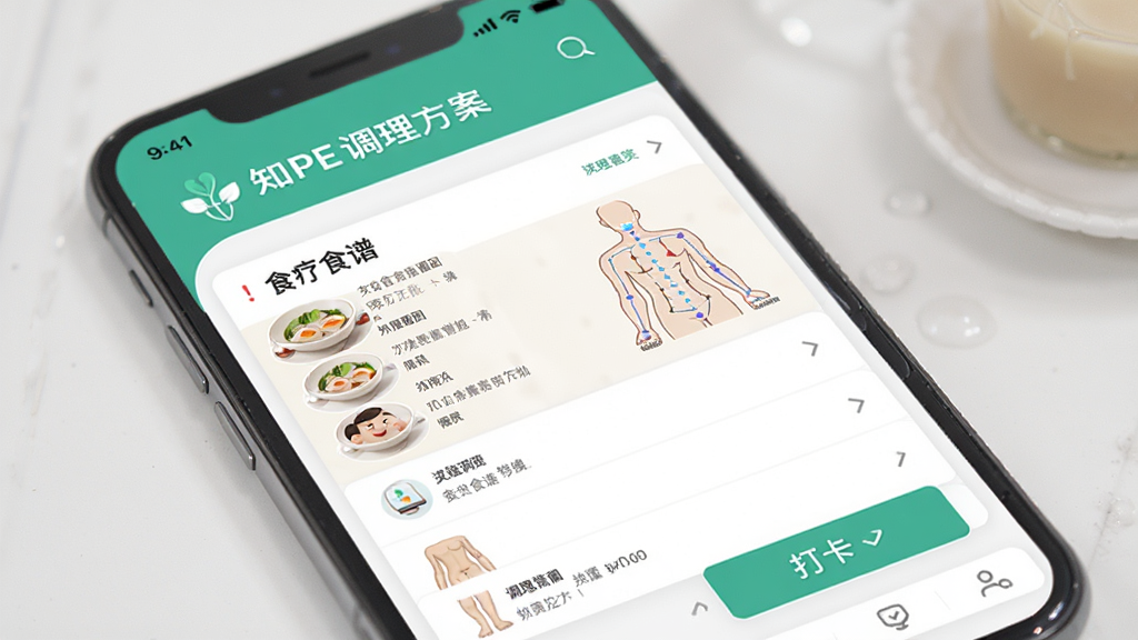 主体为知医APP调理方案页面,布局为列表式,排版层次分明,风格为健康管理,细节包括食疗食谱、穴位图示、打卡按钮,画质高清,干净,无多余元素