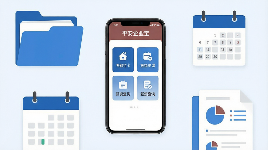 一张展示平安企业宝移动端应用界面的整体预览图,画面中央放置一部智能手机,手机屏幕显示平安企业宝的首页布局,包含考勤打卡、报销申请、薪资查询等功能图标,手机周围环绕简洁的扁平化办公元素如文件夹、日历、报表,整体布局采用居中构图,排版清晰有序,风格为现代商务扁平化设计,细节上使用蓝色与白色为主色调,画质高清,画面干净,无多余元素。