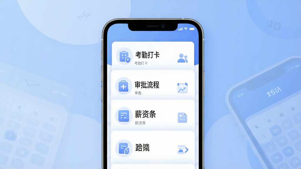 一张平安企业宝一站式办公功能的场景化展示图,画面主体为一部手机,屏幕上展示考勤打卡、审批流程、薪资条等多个功能卡片的堆叠排列,布局采用上下分层结构,排版整齐,风格为清爽简约的商务插画风,细节上使用柔和的蓝色渐变背景和白色卡片,画质高清,干净,无多余元素。