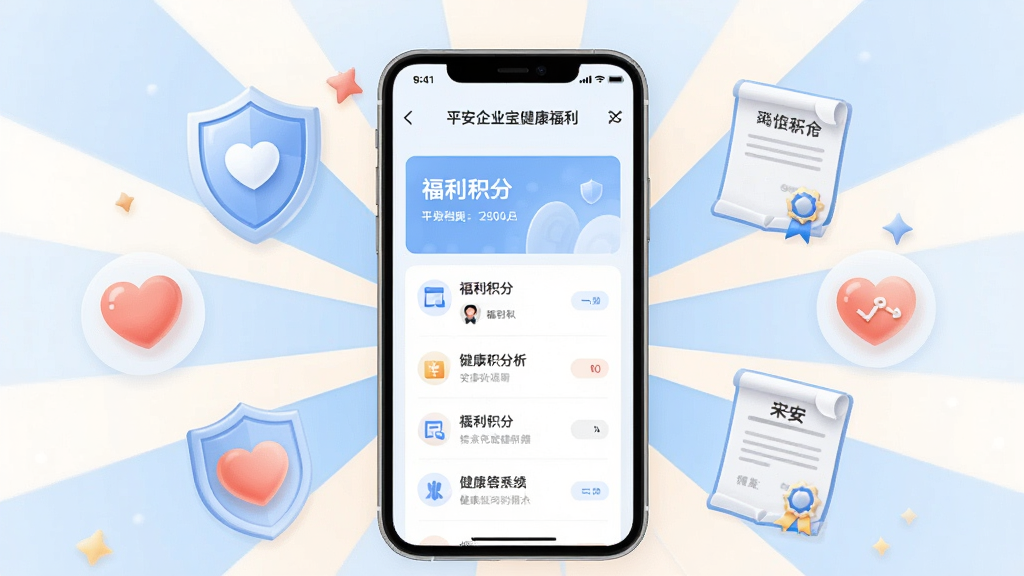 一张平安企业宝健康福利板块的视觉展示图,画面主体为手机屏幕显示健康档案与福利积分页面,周围环绕盾牌、爱心、保单等图标元素,布局采用中心放射式构图,排版均衡,风格为温暖柔和的商务插画风,细节上使用浅蓝与白色为主色,画质高清,干净,无多余元素。