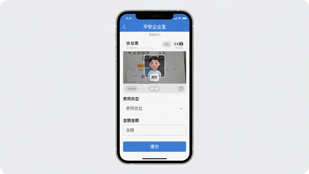 一张平安企业宝智能报销功能的界面示意图,画面中心为手机屏幕展示报销单填写页面,包含发票拍照上传区域、费用类型选择、金额输入框和提交按钮,布局采用纵向排列,排版清晰,风格为现代扁平化UI设计,细节上使用浅灰色背景和蓝色强调按钮,画质高清,干净,无多余元素。