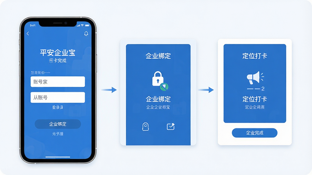 一张展示平安企业宝移动端操作流程的示意图,画面主体为手机屏幕显示从登录到打卡完成的步骤流程,包含账号输入、企业绑定、定位打卡三个关键界面,布局采用横向排列的卡片式构图,排版清晰,风格为简约扁平化UI展示风,细节上使用蓝色与白色为主色,画质高清,干净,无多余元素。
