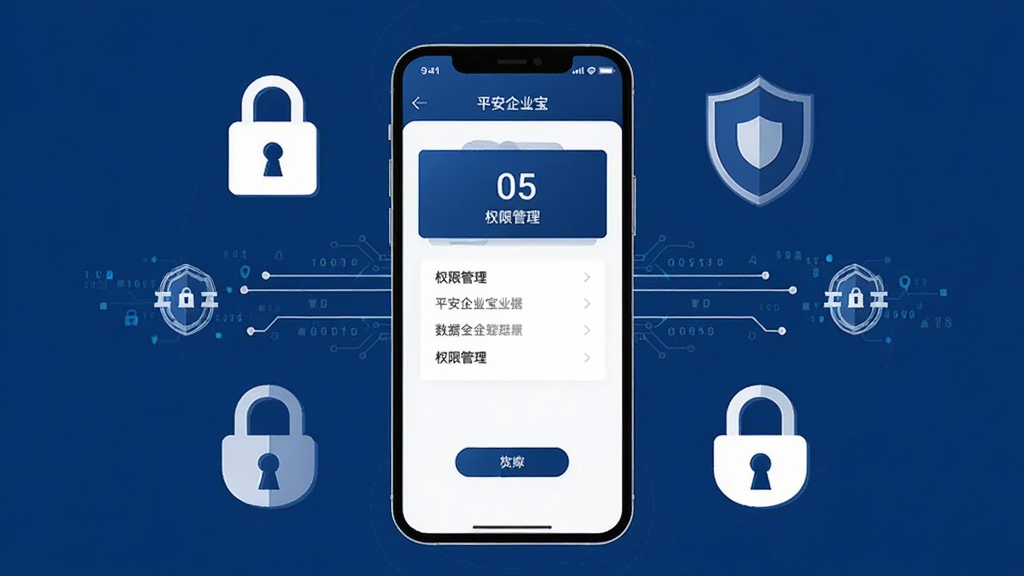 一张平安企业宝数据安全功能的示意图,画面主体为手机屏幕显示权限管理界面,周围环绕锁形图标、盾牌、加密线条等安全元素,布局采用左右对称构图,排版整洁,风格为科技感商务扁平风,细节上使用深蓝色与白色为主色调,画质高清,干净,无多余元素。