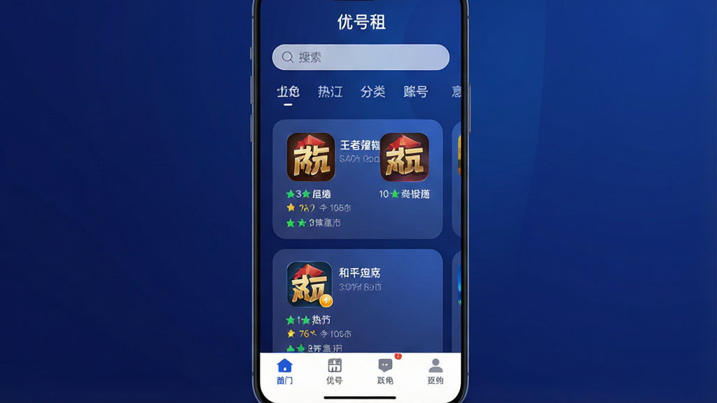 一张手机应用界面展示图,画面中央是“优号租”APP的首页,顶部有搜索栏和分类标签,中间展示多个热门游戏账号卡片,包含和平精英、王者荣耀等游戏图标和段位信息,底部有导航栏。整体采用深蓝色渐变背景,卡片圆角设计,UI风格简洁现代,画质清晰,干净无多余元素