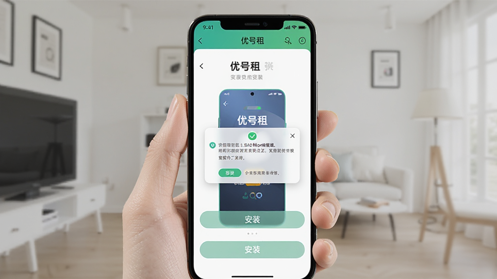 一张手机操作示意图,画面中一只手拿着手机,手机屏幕上显示“优号租”APP的安装界面,界面中有“安装”按钮和权限提示弹窗,背景为简洁的室内环境,整体色调明亮,画质清晰,无多余元素