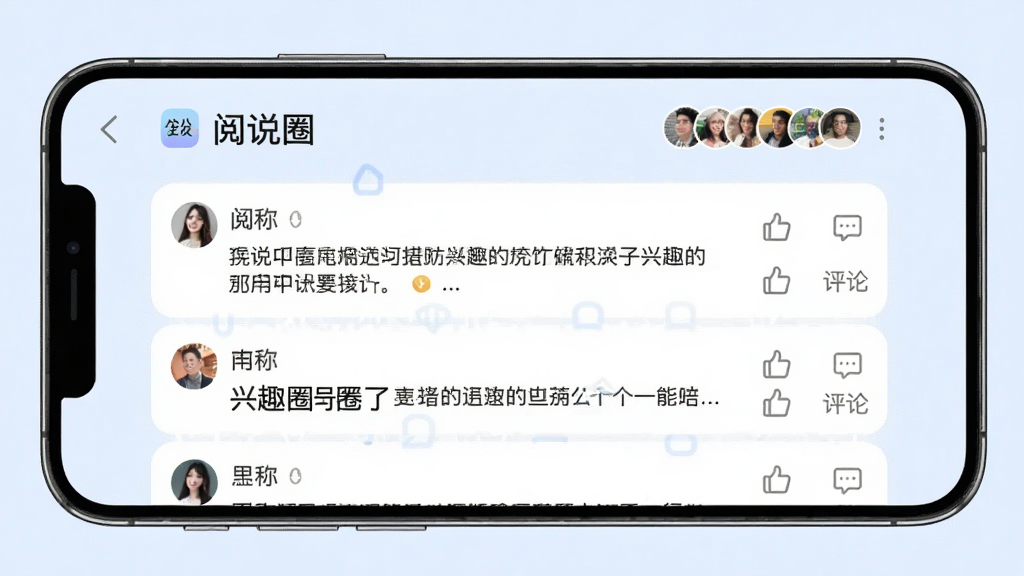 一张展示阅说圈兴趣圈子功能的界面截图风格图片,画面为一部横向放置的手机,屏幕中显示“阅说圈”圈子页面,顶部有圈子名称和成员头像,下方是讨论帖列表,每条帖子带有用户昵称、文字内容和点赞评论图标,背景为淡蓝色,风格现代简约,细节清晰,画质干净,无多余元素