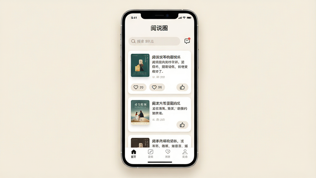 一张展示阅说圈应用主界面的手机预览图,画面中央是一部立着的智能手机,屏幕内显示着“阅说圈”应用首页,顶部有搜索栏和消息图标,中间是卡片式的内容流,包含书籍封面、短评和点赞按钮,底部有导航栏,整体布局清晰,背景为浅米色,风格简约清新,细节上带有柔和阴影和圆角设计,画质高清,干净整洁,无多余元素