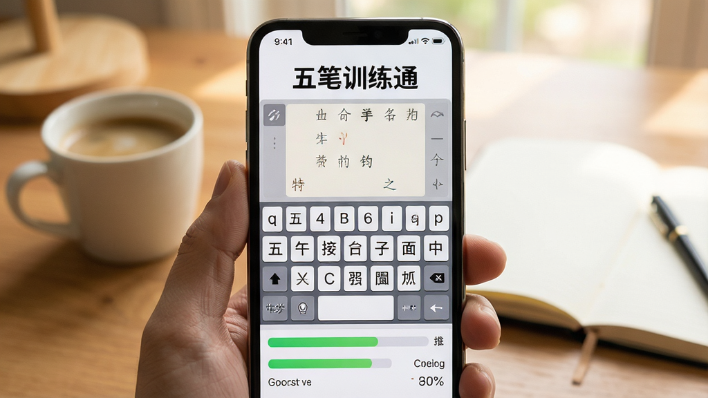 一张手机屏幕特写,画面中央是五笔训练通软件的界面截图,界面上方显示