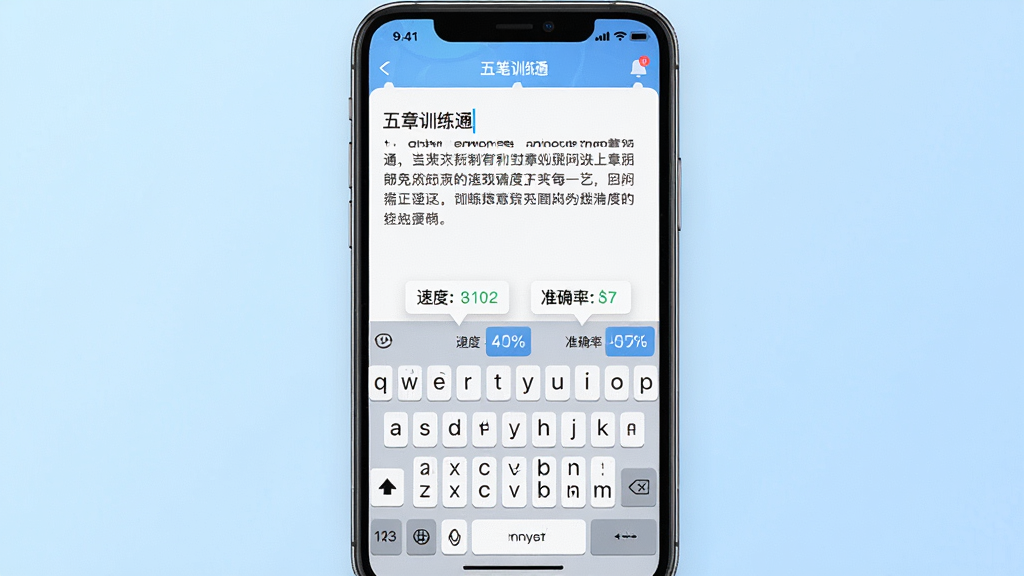一张手机应用界面展示图,画面中五笔训练通软件显示在文章跟打模式,屏幕上半部分是待输入的文章段落,下半部分是虚拟键盘和输入框,键盘上方有速度和准确率实时数据浮动显示;背景为浅蓝色渐变,风格为简洁科技风,细节清晰,画质干净,无多余元素