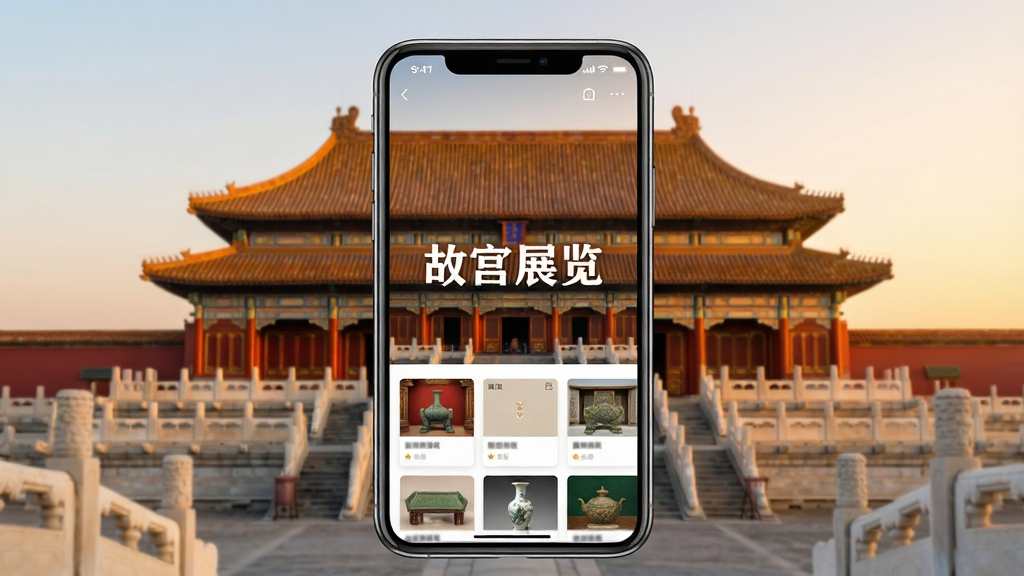 一幅竖版手机界面展示图,画面中央是一部现代智能手机,屏幕内呈现故宫展览应用的主页,背景是太和殿广场的黄昏景象,金色琉璃瓦在夕阳下泛着暖光,界面中清晰可见“故宫展览”四个白色汉字,周围环绕着展览卡片与文物缩略图。整体布局为居中对称式,风格写实清新,细节包括红色宫墙、汉白玉栏杆、檐角脊兽,画质高清,光线柔和,干净无多余元素。