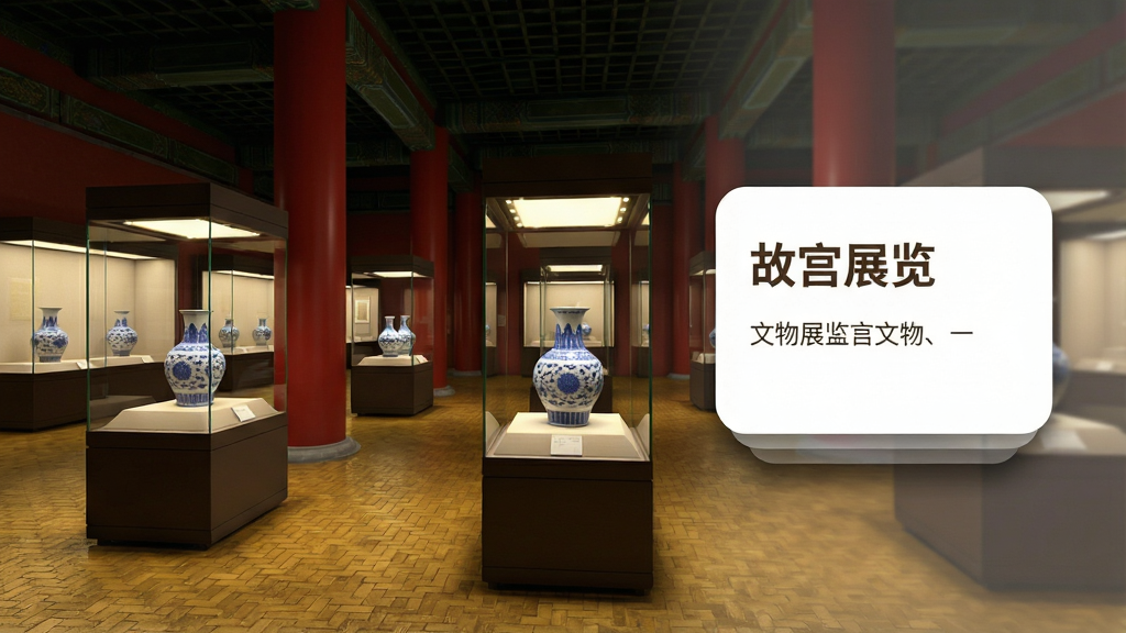 一张横版虚拟展厅漫游界面示意图,画面左侧为三维展厅内部透视,可见红色立柱与玻璃展柜,展柜内陈列着青花瓷瓶,右侧悬浮着展品信息卡片,卡片上标注“故宫展览”文字与文物名称。布局采用左实右虚的对比构图,风格偏向科技与文化融合,细节包括地面金砖纹理、展柜灯光、卡片圆角阴影,画质清晰,色彩典雅,干净无杂乱元素。