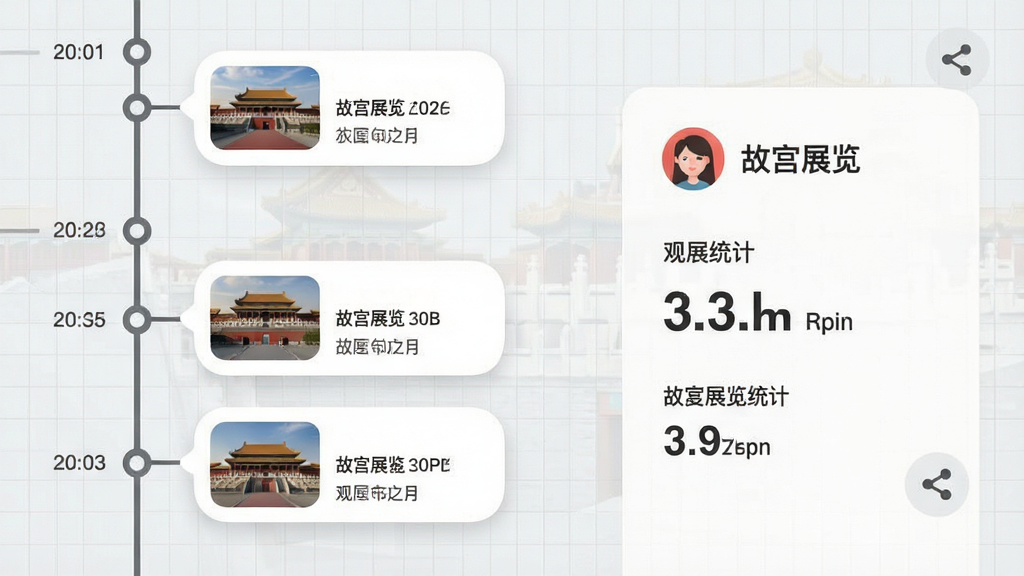 一幅个人观展足迹时间轴界面图,画面左侧为垂直时间线,节点连接着不同展览的缩略图与日期,右侧显示“故宫展览”用户头像与观展统计数字,背景为浅灰色网格。布局为左右分栏式,风格现代简洁,细节包括时间线圆点、卡片圆角、分享图标,画质清晰,干净无冗余信息。