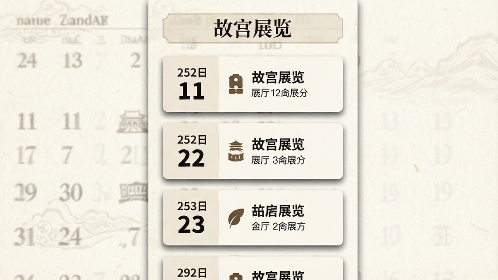 一幅日历与展览列表结合的界面展示图,画面中央是纵向排列的展览卡片,每张卡片左侧显示日期,右侧显示展览名称与展厅位置,顶部有“故宫展览”标题栏,背景是淡雅的米白色纹理纸。布局为垂直流式排版,风格简约古典,细节包括卡片阴影、日期数字加粗、小图标点缀,画质高清,干净无多余装饰。