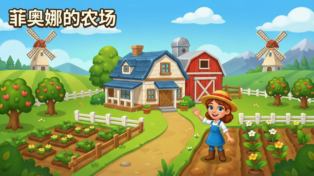 一幅卡通风格的田园农场全景插画,画面中央是整洁的农舍与红色谷仓,周围分布着整齐的农田、果树与栅栏,主角菲奥娜站在田埂上微笑挥手,远处有风车与远山,天空湛蓝飘着白云,整体色调清新明快,构图饱满均衡,风格为休闲游戏宣传图,细节丰富,画质清晰干净,无多余元素,画面中标注文字“菲奥娜的农场”