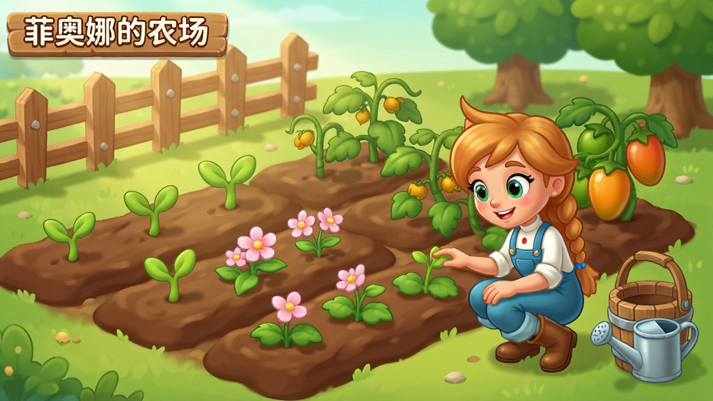 卡通风格农田种植场景插画,画面主体是一片划分整齐的农田,田中种植着不同阶段的农作物,有嫩芽、开花与成熟果实,主角菲奥娜蹲在田边查看作物状态,旁边放着木桶与水壶,背景有木质栅栏与绿树,阳光柔和,风格为休闲游戏界面,细节清晰,画质干净,无多余元素,画面中标注文字“菲奥娜的农场”