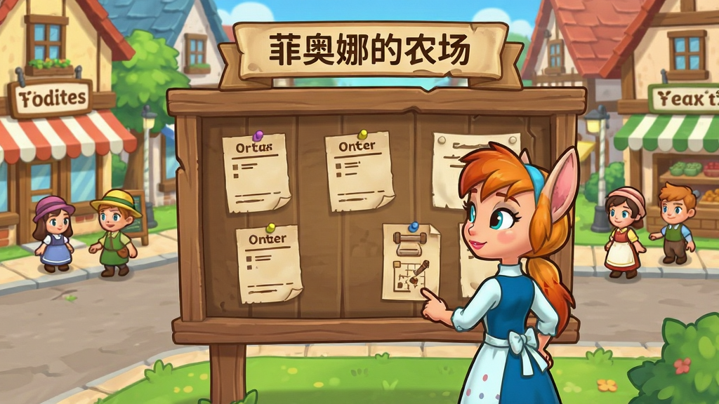 卡通风格小镇订单任务界面插画,画面中央是木质公告板,上面贴着多张订单纸条,菲奥娜站在公告板前查看任务,背景是热闹的小镇街道与店铺,有NPC居民走动,风格为休闲游戏剧情场景,细节丰富,画质清晰干净,无多余元素,画面中标注文字“菲奥娜的农场”