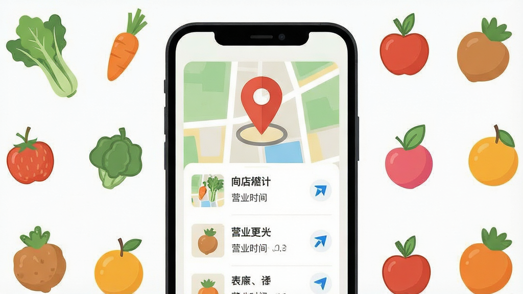 一幅手机屏幕显示品上生活应用界面的插画,画面中央是地图定位图标与门店列表,周围环绕新鲜蔬菜水果简笔画,布局清晰,排版简洁,风格清新扁平化,细节包括定位标记、营业时间标签、导航箭头,画质高清,干净,无多余元素