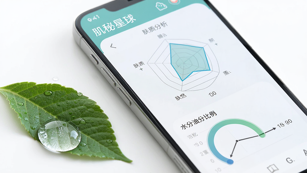 一部智能手机的特写,屏幕上显示着肌秘星球的肌肤检测界面,有肤质分析雷达图和水分油分比例图。手机旁边放着一片绿叶和一滴水珠,象征天然与科学。画面风格清新明亮,画质细腻,无杂乱背景。