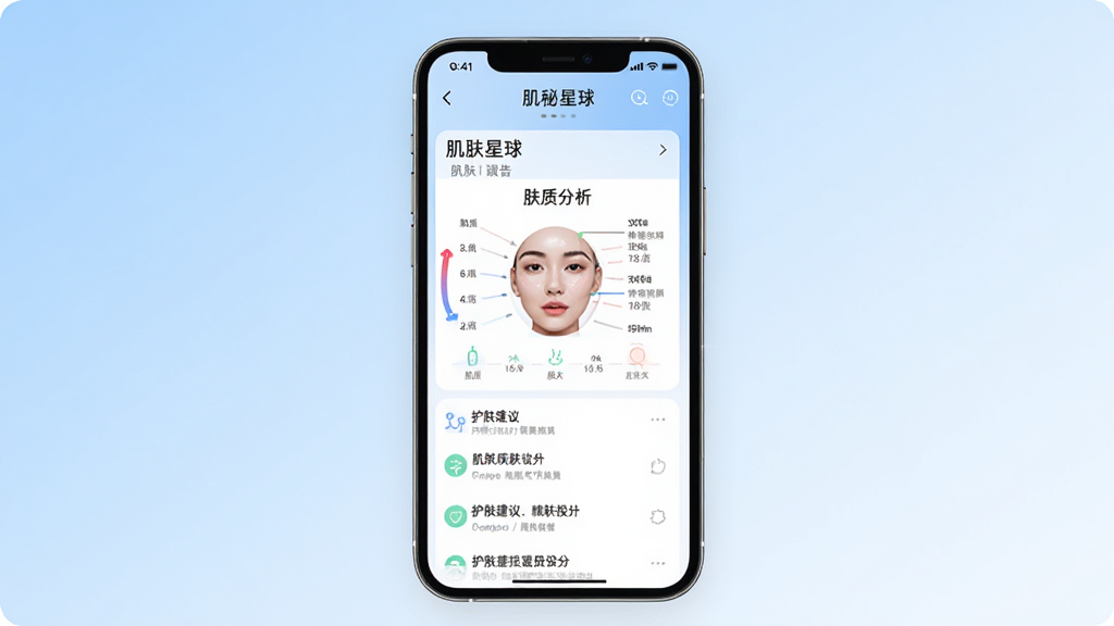 一张展示肌秘星球应用主界面的手机样机图,画面中央是手机屏幕,屏幕内显示着肌秘星球APP的肌肤检测报告页面,有清晰的肤质分析图表和护肤建议列表。背景是干净的浅蓝色渐变,风格现代简约,细节清晰,画质干净,无多余元素。