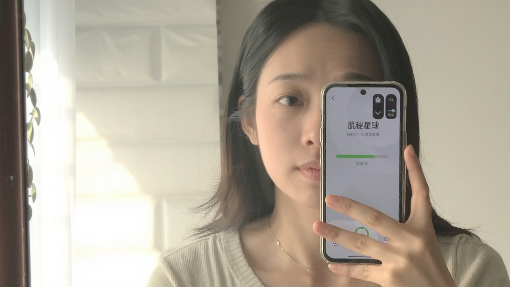 一位年轻女性在镜子前使用手机拍摄面部,手机屏幕上显示肌秘星球的检测进度条。画面明亮,自然光从侧面照射,风格真实生活化,画质清晰,无多余装饰。