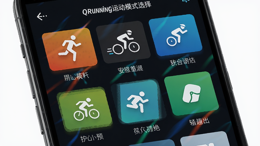 QRunning运动模式选择界面预览图,主体为手机屏幕展示多种运动图标列表,布局为网格状排列,风格动感活力,细节包含跑步、骑行等图标和文字标签,画质高清,干净,无多余元素