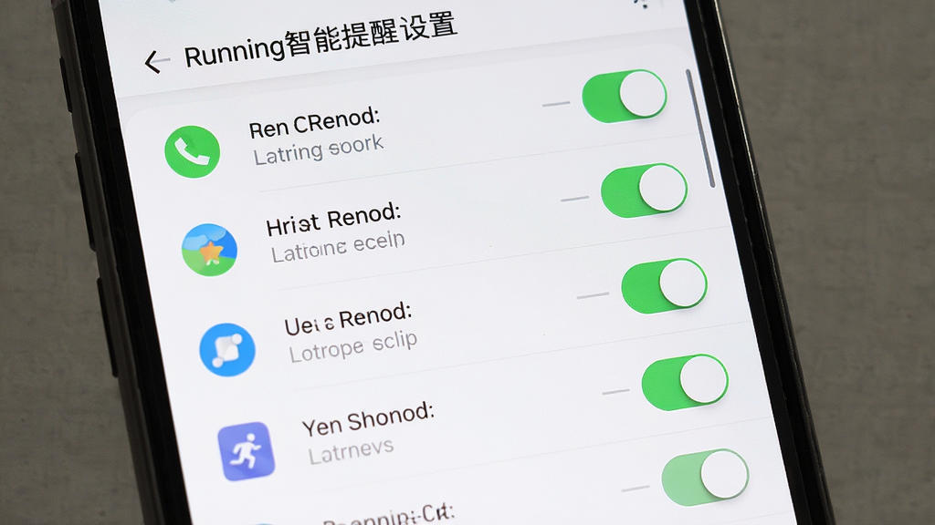 QRunning智能提醒设置界面预览图,主体为手机屏幕显示提醒开关列表,布局为纵向排列,风格简洁实用,细节包含开关按钮和图标,画质高清,干净,无多余元素