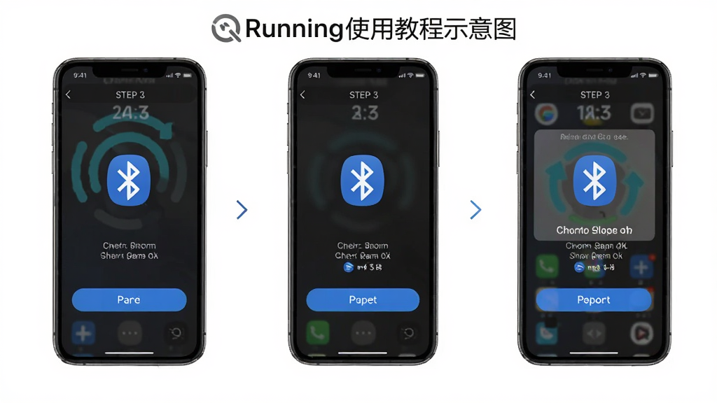 QRunning使用教程示意图,主体为手机屏幕展示连接设备的步骤截图,布局为分步展示,风格清晰教学风,细节包含蓝牙图标和配对按钮,画质高清,干净,无多余元素