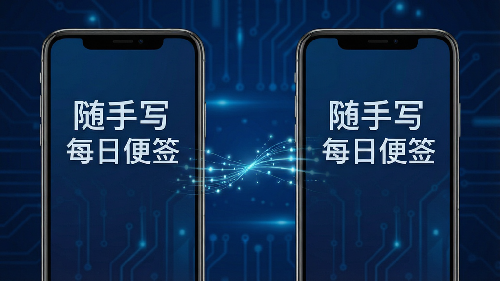 随手写每日便签云端同步功能展示,画面中两部手机并排显示,屏幕之间有一条虚拟的数据流线条连接,背景为科技感十足的深蓝色调,整体风格现代简洁,排版对称,细节清晰,画质锐利,无多余元素,画面中文字为“随手写每日便签”