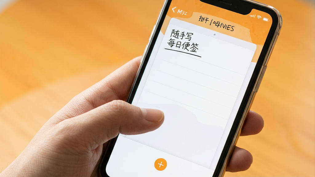 随手写每日便签快速记录功能展示,画面中一只手拿着手机,拇指正点击屏幕上的加号按钮,手机屏幕显示便签编辑界面,背景为温暖的橙黄色调,画面风格写实明亮,细节清晰,画质干净,无多余元素,画面中文字为“随手写每日便签”