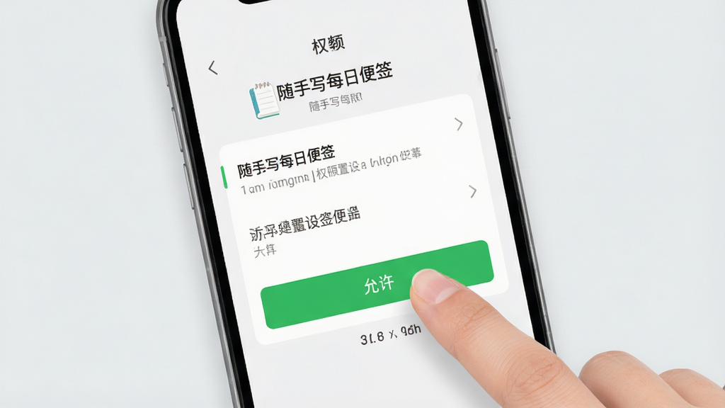 随手写每日便签安装设置界面展示,画面中手机屏幕显示着权限设置页面,用户手指正在点击“允许”按钮,背景为简洁的浅灰色调,整体风格清晰直观,排版规整,细节干净,画质明亮,无多余元素,画面中文字为“随手写每日便签”