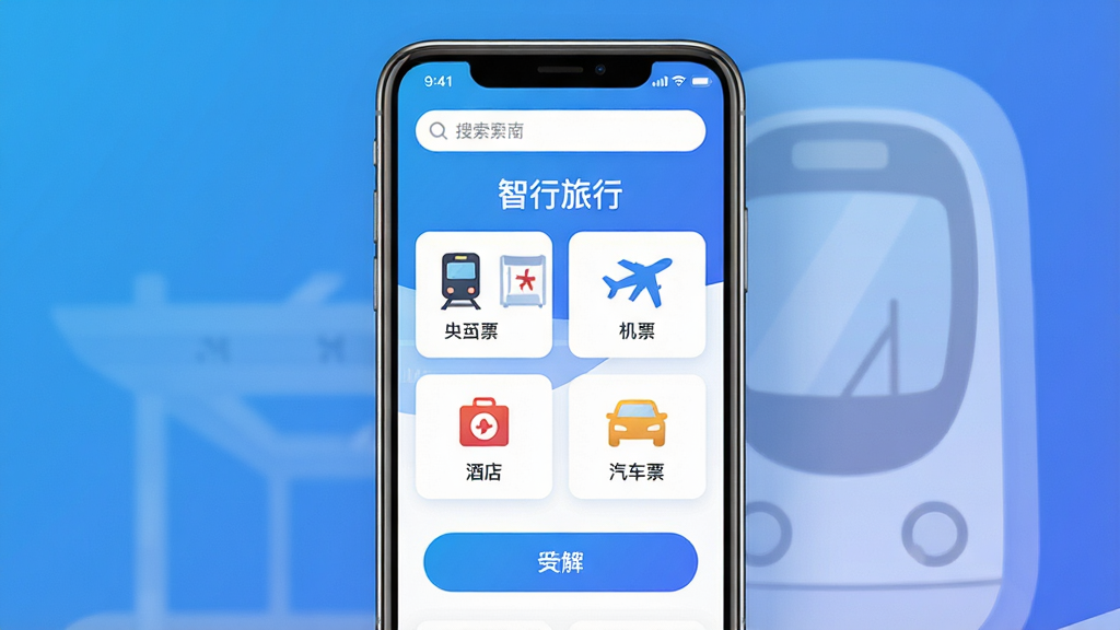 智行旅行手机应用主界面展示,主体为一台现代智能手机,屏幕中央显示“智行旅行”APP首页,包含火车票、机票、酒店、汽车票等图标入口,布局简洁清晰,排版为竖版海报风格,风格为现代扁平化科技感,细节包括蓝色渐变背景、白色卡片、圆角按钮、顶部搜索框,画质高清,干净,无多余元素。