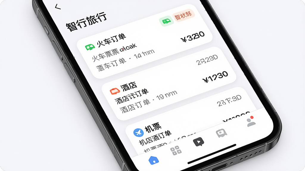 智行旅行订单管理页面展示,主体为手机屏幕,屏幕中显示“智行旅行”订单列表,包含火车票订单、酒店订单、机票订单卡片,布局为纵向列表排版,风格为柔和圆角卡片风格,细节包括状态标签、价格文字、时间信息、底部导航栏,画质高清,干净,无多余元素。