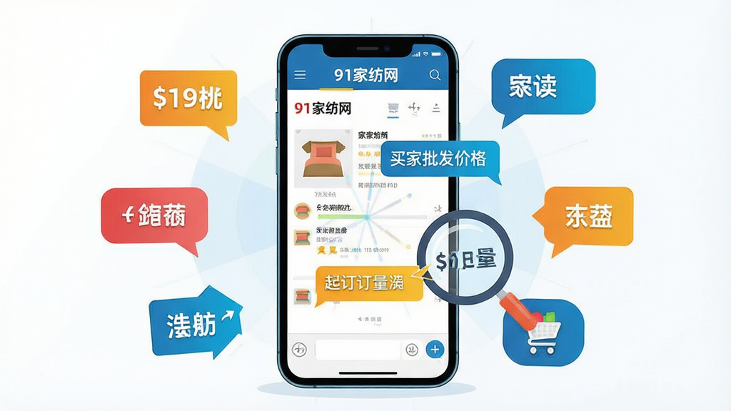 一张展示91家纺网在线询价沟通功能的AI图片,画面主体是一部智能手机,屏幕上显示“91家纺网”的商品详情页和聊天对话框,对话框内有买家询问批发价格和起订量的文字气泡,手机旁边有一个放大镜图标指向价格标签,布局采用中心放射构图,手机位于画面中央,周围有价格标签、对话气泡、购物车图标等元素环绕,风格为扁平化科技插画风,细节上手机屏幕色彩鲜明,气泡文字清晰可辨,整体画质高清,画面干净,无多余元素