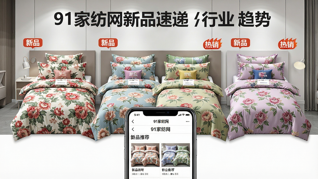 一张展示91家纺网新品速递和行业趋势的AI图片,画面主体是一面展示墙,墙上挂着多款不同花型和颜色的家纺四件套效果图,每款旁边有小标签标注“新品”“热销”字样,画面下方有一部手机显示“91家纺网”的新品推荐页面,布局采用上下结构,上方为展示墙,下方为手机界面,风格为时尚家居杂志风,细节上花型图案清晰,色彩搭配和谐,整体画质高清,画面干净,无多余元素
