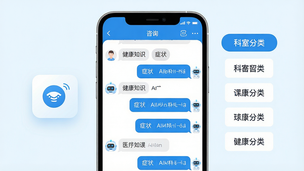 一张好伴AI核心功能展示图,画面主体为手机屏幕中显示多轮对话咨询界面,左侧悬浮健康知识图标,右侧排列科室分类标签,布局为左右分栏式,排版整齐,风格清新医疗蓝白色调,细节包括对话气泡、症状标签、AI机器人小图标,画质高清,干净,无多余元素
