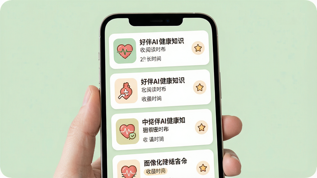 一张好伴AI健康知识科普页面展示图,画面为手机屏幕显示科普文章列表,文章卡片带有健康主题图标,背景为柔和浅绿色,布局为纵向列表式,排版清晰,风格温暖亲切,细节包括文章标题、阅读时长标签、收藏按钮,画质高清,干净,无多余元素