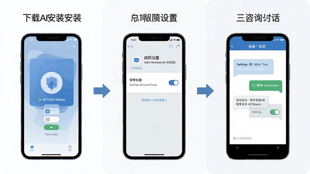 一张好伴AI安装使用流程示意图,画面分为三个步骤展示,左侧为下载安装界面,中间为权限设置界面,右侧为咨询对话界面,布局为横向三栏式,排版清晰,风格扁平化设计,细节包括手机图标、箭头指引、设置开关图标,画质高清,干净,无多余元素