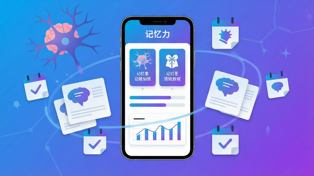 画面中央放置一部智能手机,手机屏幕上显示记忆力软件的主界面,界面中包含记忆训练卡片、进度条和数据图表。手机周围环绕着大脑神经元、记忆卡片、日历打卡图标等元素,采用扁平化科技风格,蓝色和紫色渐变配色,画面干净整洁,文字标注“记忆力”,高清画质,无多余元素