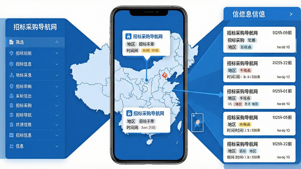 招标采购导航网软件功能展示图,画面主体是一部智能手机,屏幕中呈现全国地图与招标信息卡片叠加的效果,布局采用中心放射状,排版左侧为筛选条件右侧为信息列表,风格为现代扁平化商务蓝,细节包含