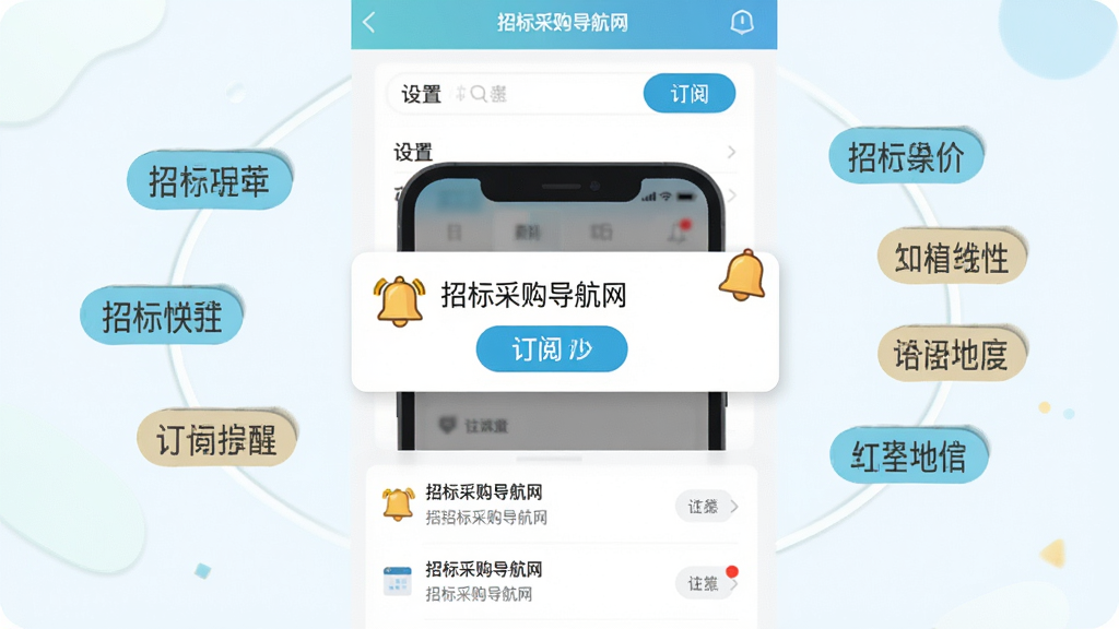 招标采购导航网订阅提醒功能示意图,画面中心为手机通知弹窗与铃铛图标,周围环绕关键词标签和地区标签,布局为上下结构,排版上方为设置界面下方为推送消息列表,风格为清新浅色扁平风,细节包含