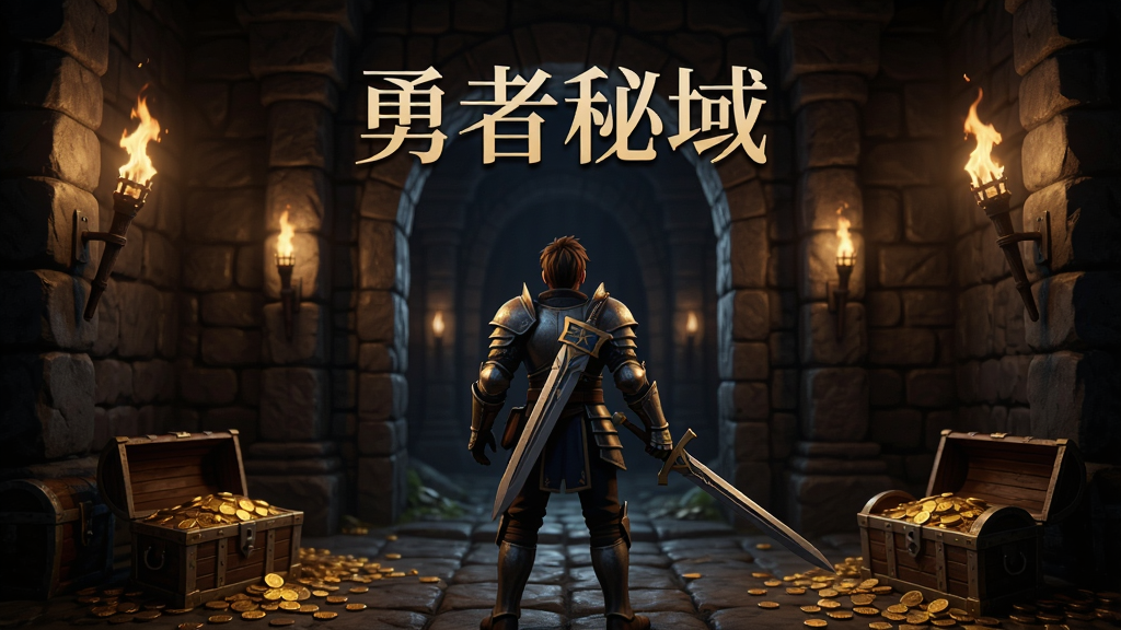 画面中央是一个身穿铠甲手持长剑的勇者背影,正站在幽暗地牢入口,周围有火把照亮石壁,地面散落宝箱与金币,整体采用暗黑奇幻风格,竖版构图,细节丰富,画质清晰,干净,无多余元素,画面中悬浮文字“勇者秘域”